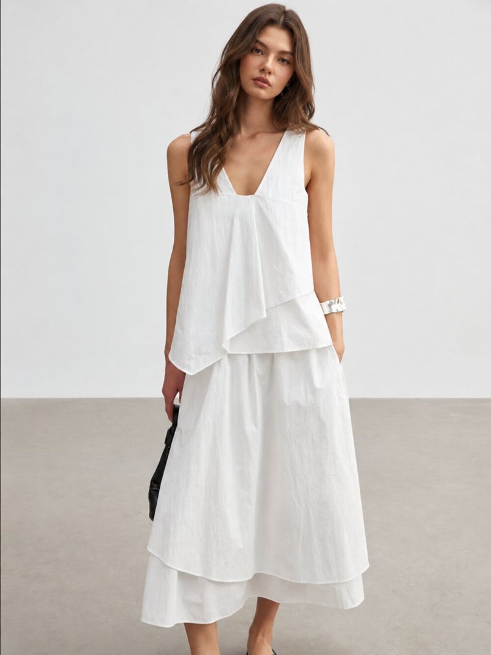 White Asymmetrical Layered Tank Top Sleeveless Draped Flowy Minimalist Blouse